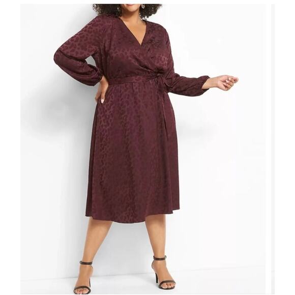 Lane Bryant Leopard Surplice Jacquard Faux Belted burgundy Midi Dress 20 party - Picture 1 of 11